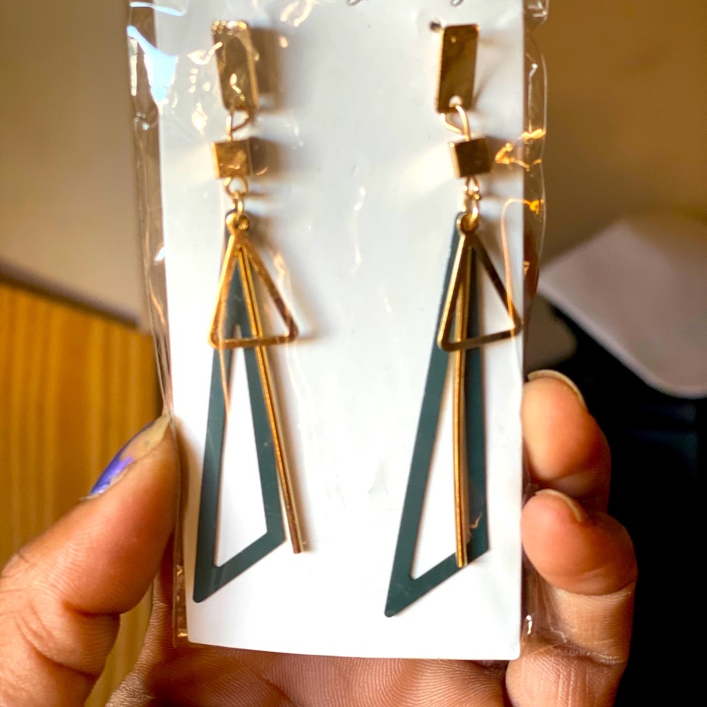 JADE GREEN AND GOLD LONG TRIANGLE EARRINGS